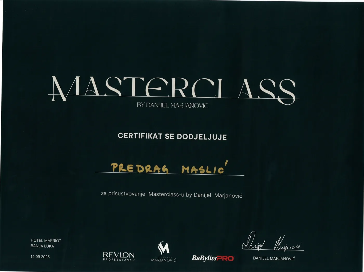 Certifikat: Masterclass, Danijel Marjanović, Banja Luka