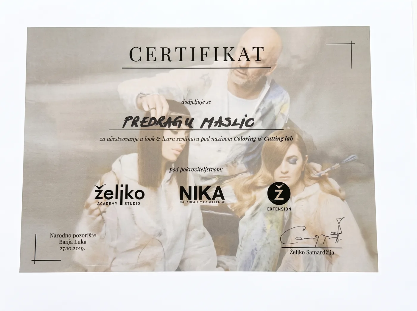 Certifikat: Coloring & Cutting lab, Željko Academy, Banja Luka