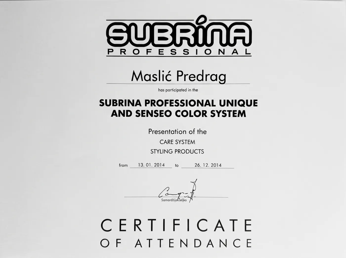 Certifikat: Unique and Senseo Color System, Subrina Professional